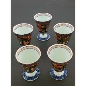 5 Arita Kisen Footed Sake Cups Goblets Imari Gold Hand Painted Showa Japan